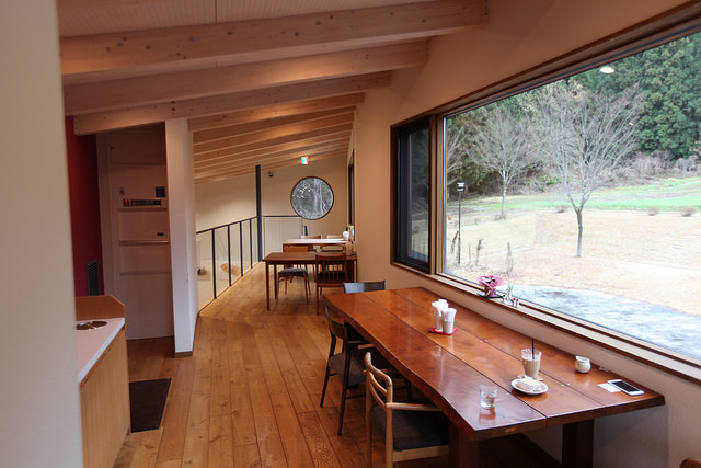 Cafe seating upstairs at Satoya.  Beautiful views of nature from these windows!
