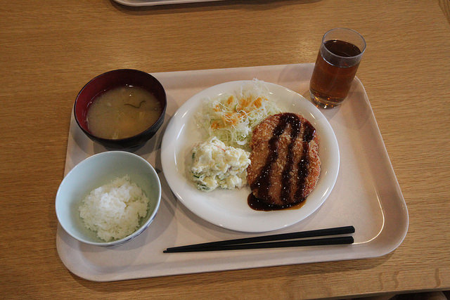 Typical Employee Lunch Tray at Minna no Shain Shokudo.  Ham Katsu, Shredded Cabbage, Potato Salad, Koshihikari rice and Miso soup.
